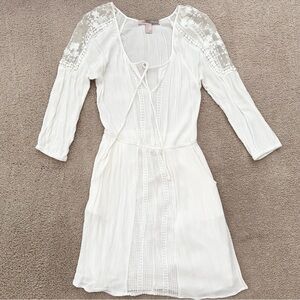 White Embroidered Spring /Summer Dress With Sheer Sleeve Floral Cut Out Details
